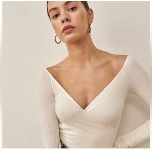 The Reformation:Cream Ribbed Wrap Top